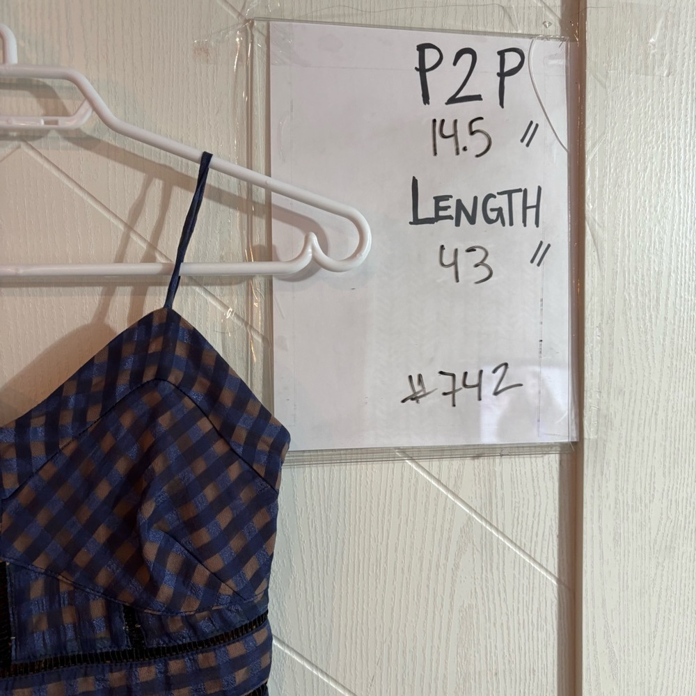 Roselani Navy Blue Tan Gingham Plaid Ladder Lace Cutout Midi Dress Size S Boho - Picture 12 of 12